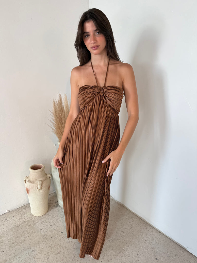 Shimmer Brown Pleated Maxi Dress