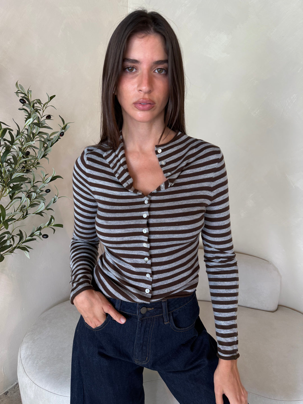Front Button Stripe Sweater Top