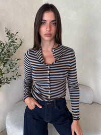 Front Button Stripe Sweater Top
