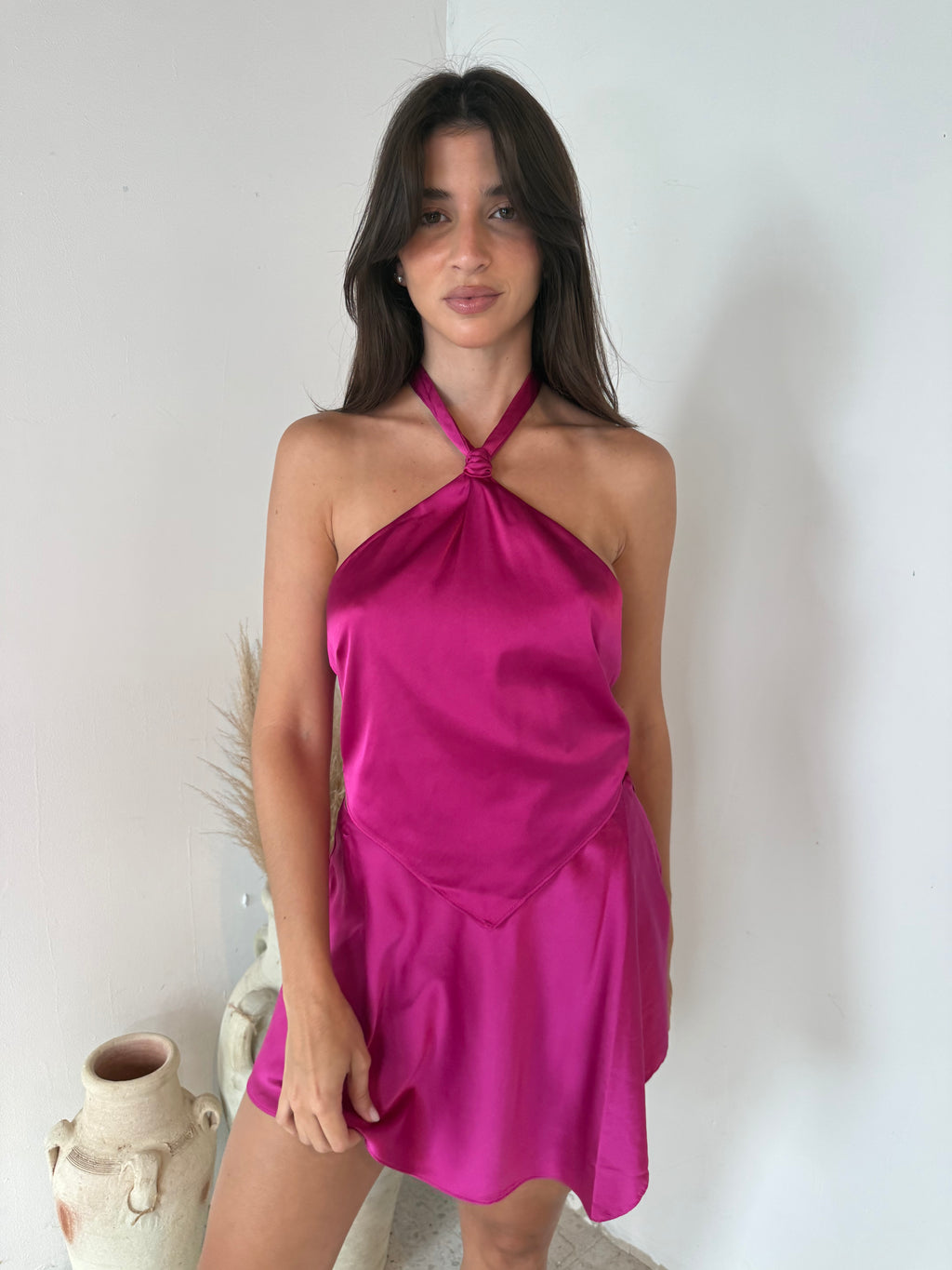 Fuchsia Satin Top & Skirt Set
