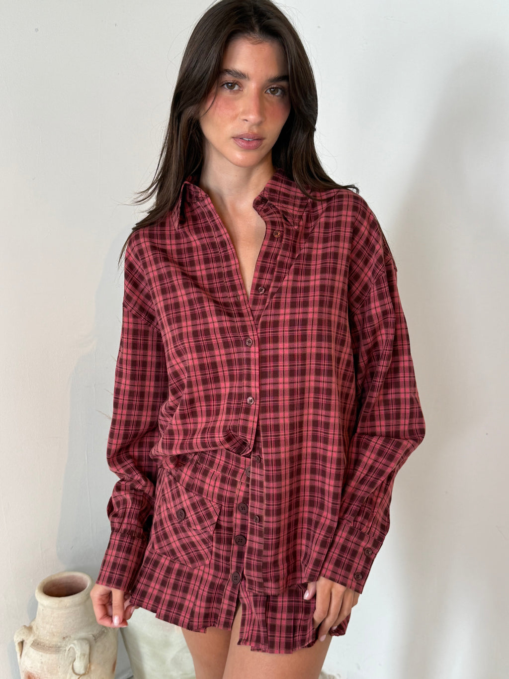 Brown Pink Plaid Set