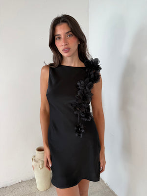 Floral Trimmed Satin Dress