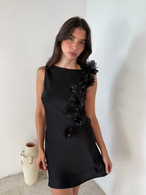 Floral Trimmed Satin Dress