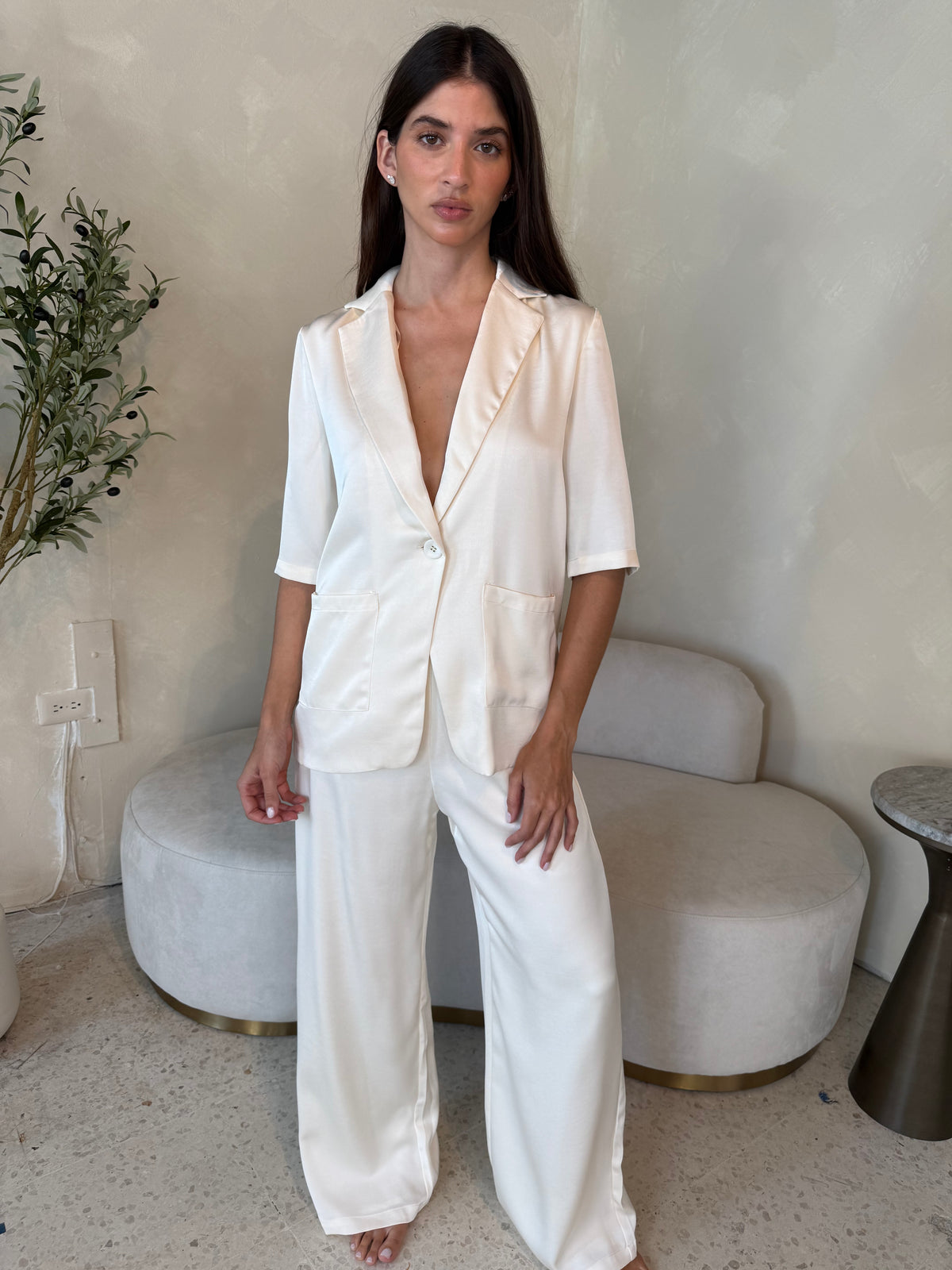Cream Satin Blazer Set