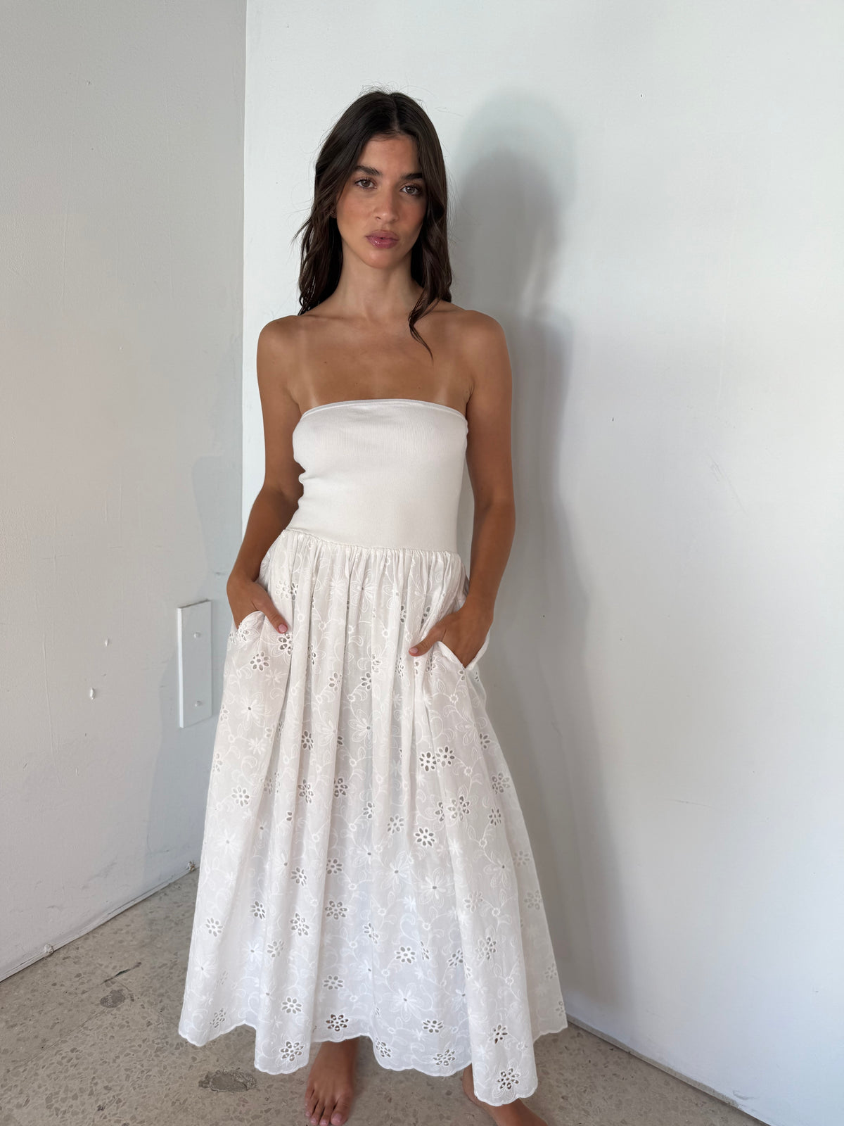 Strapless Knit Bodice Mix Eyelet Skirt Midi Dress