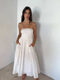 Strapless Knit Bodice Mix Eyelet Skirt Midi Dress