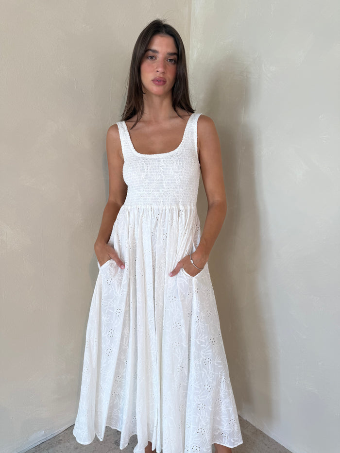 Eyelet Smocked Maxi Dress