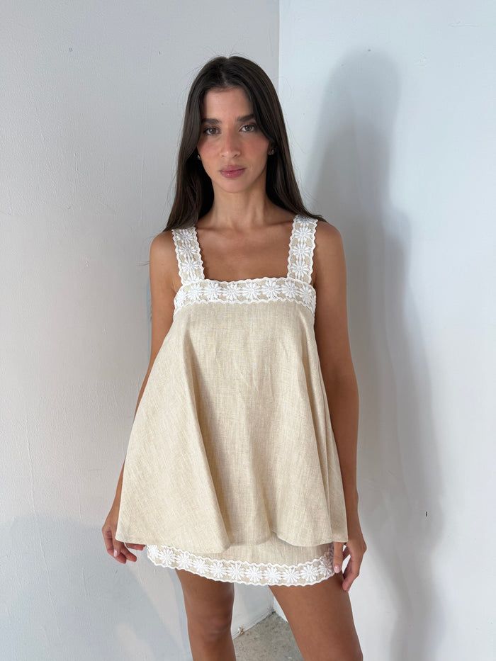 Tan Floral Ruffle Dress