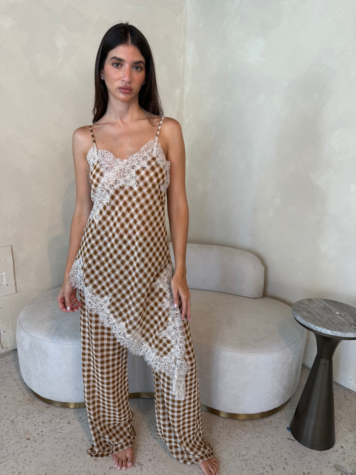 Brown Gingham Lace Set