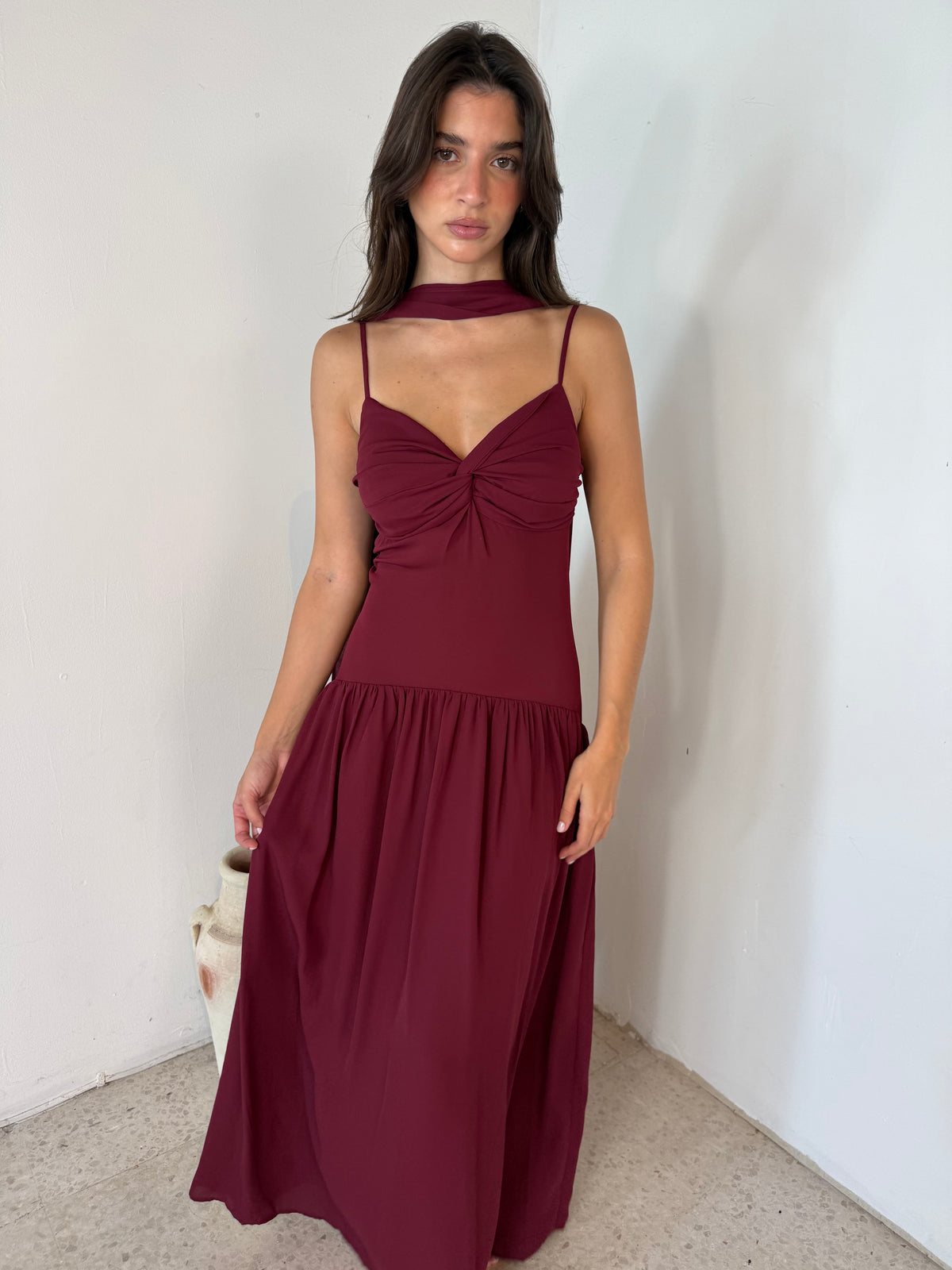 Wine Pleated Long Dress