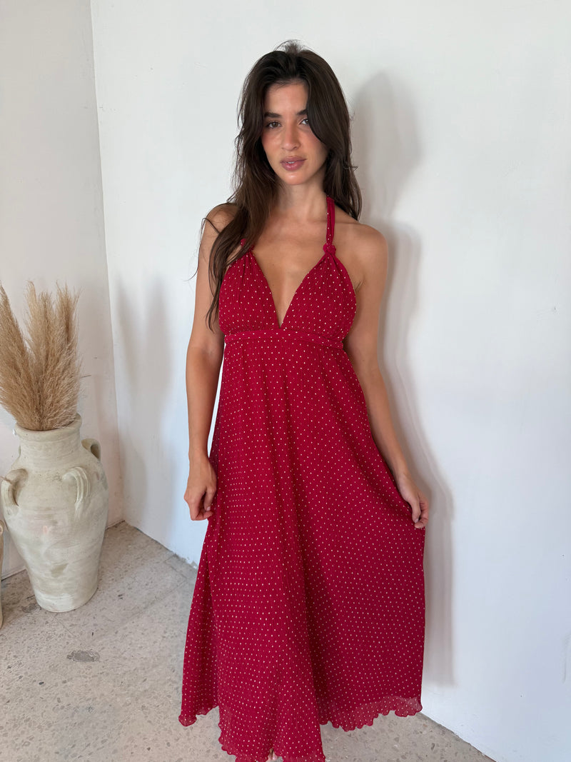 Polka Pleated Halter Dress