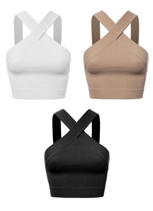 RIBBED CROSS SHOULDER  CROP TANK