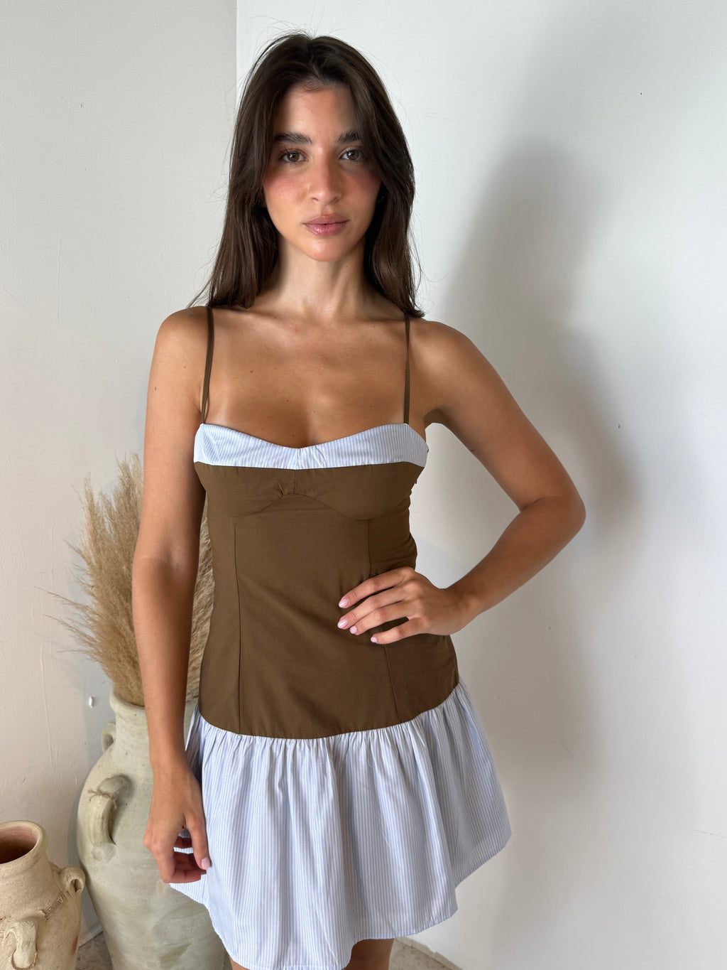 Strap Mini Brown Dress