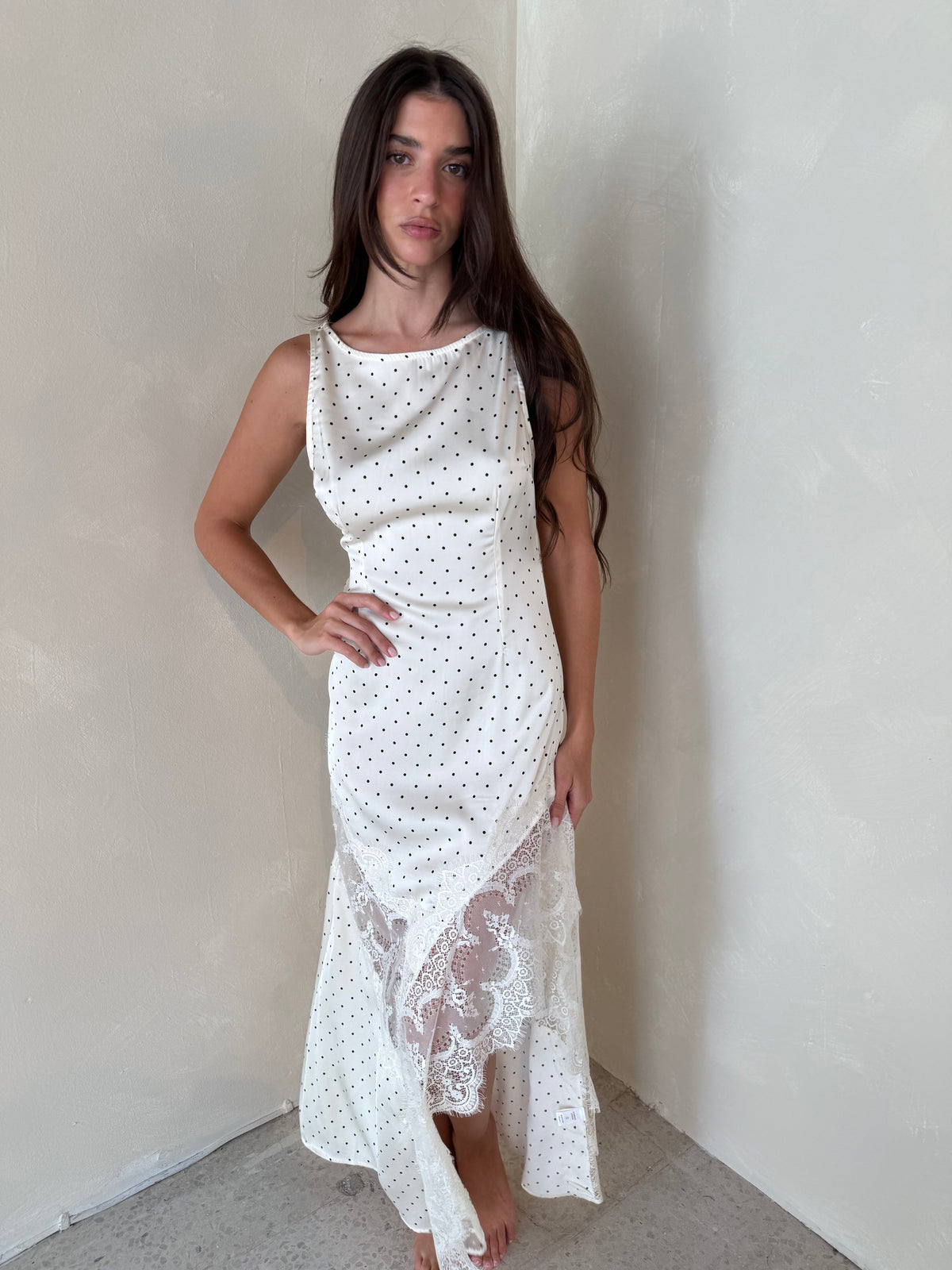 Polka Dot Satin Lace Maxi Dress