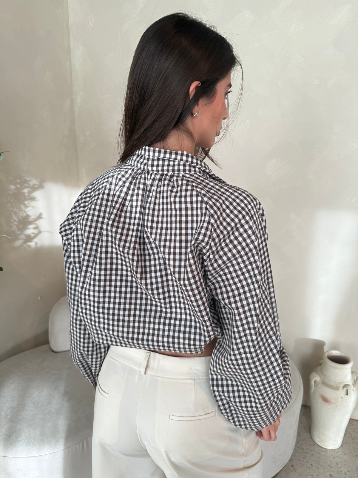 Gingham Drawstring Cropped Jacket