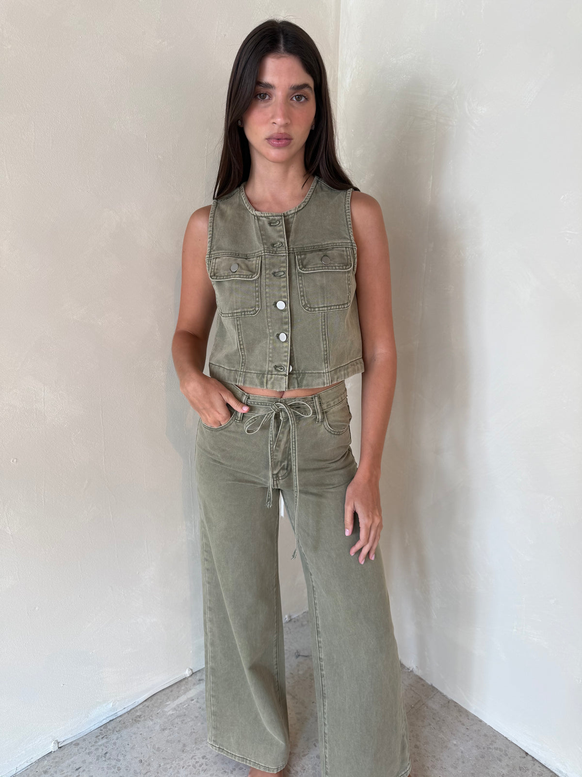 Olive Button Down Top & Drawstring Pant Set