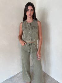 Olive Button Down Top & Drawstring Pant Set