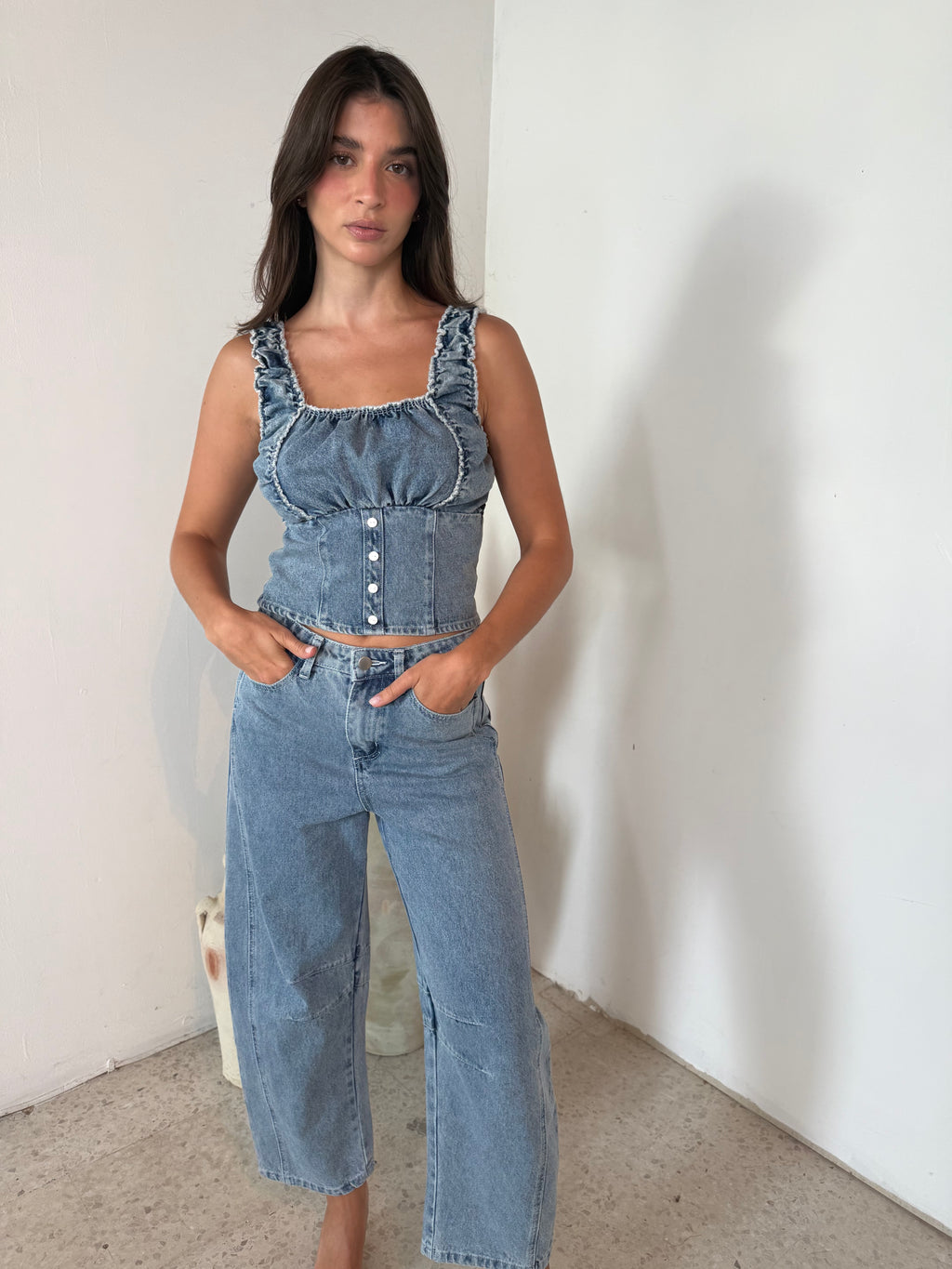 Denim Ruffle Top & Barrel Denim