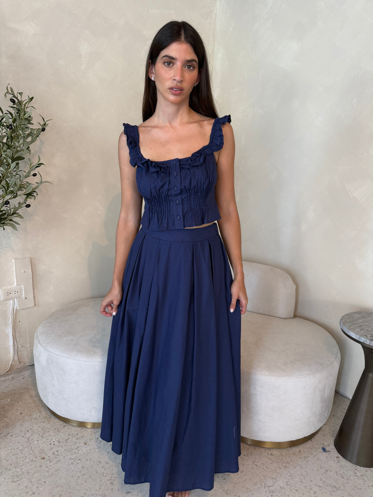 Navy Frilled Top & Midi Skirt Set
