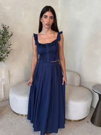 Navy Frilled Top & Midi Skirt Set