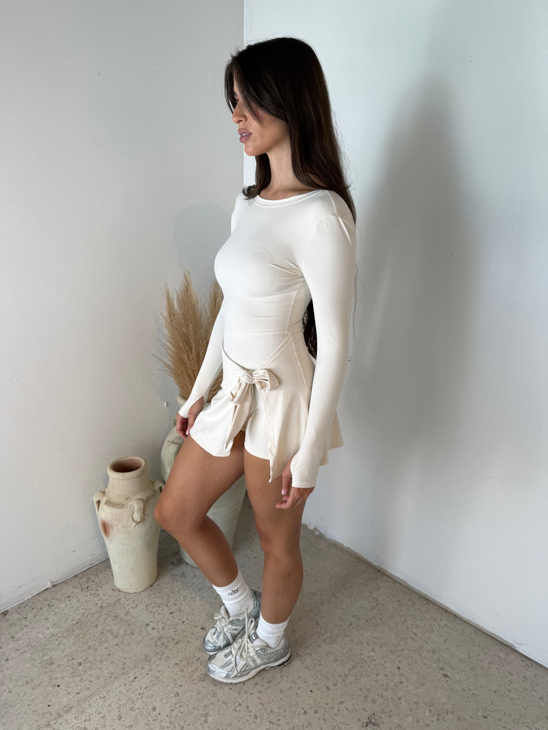 Cream LS Wrap Tie Dress