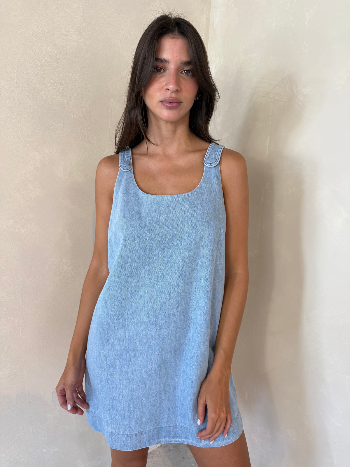 Denim Button Shoulder Strap Dress