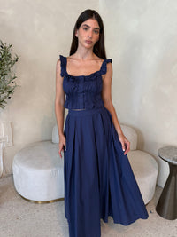 Navy Frilled Top & Midi Skirt Set