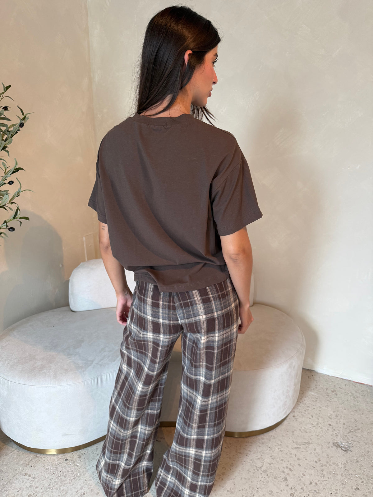 Brown Plaid Gathered Pants