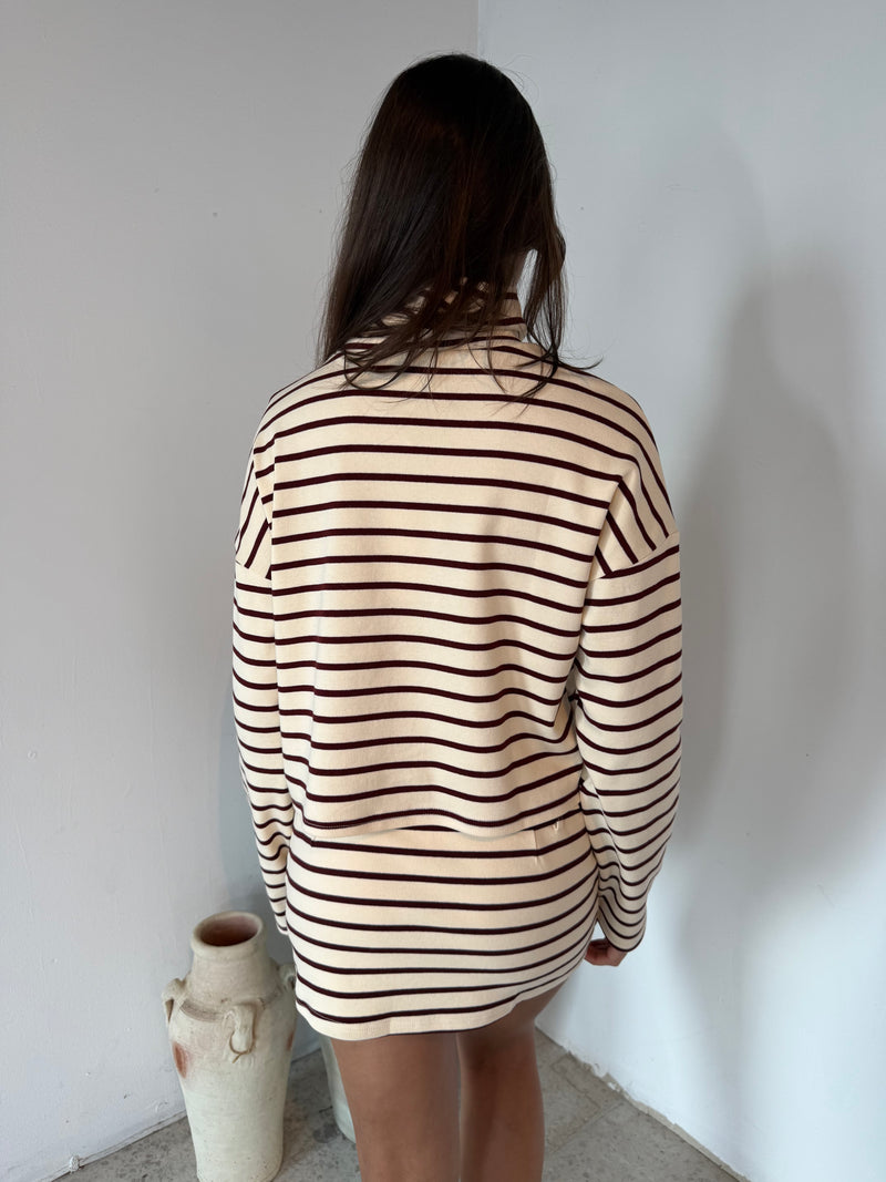 Cream Burgundy Stripe LS Top & Skort Set