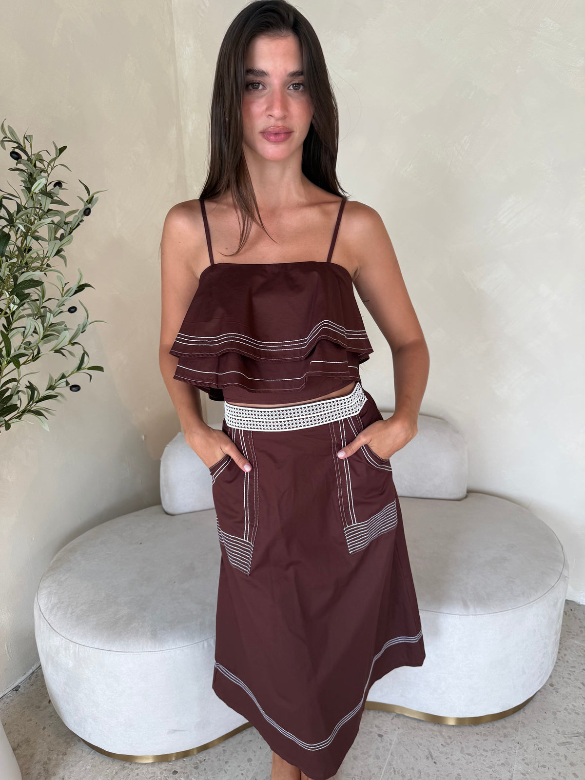 Chocolate Ruffle Top & Midi Skirt Set