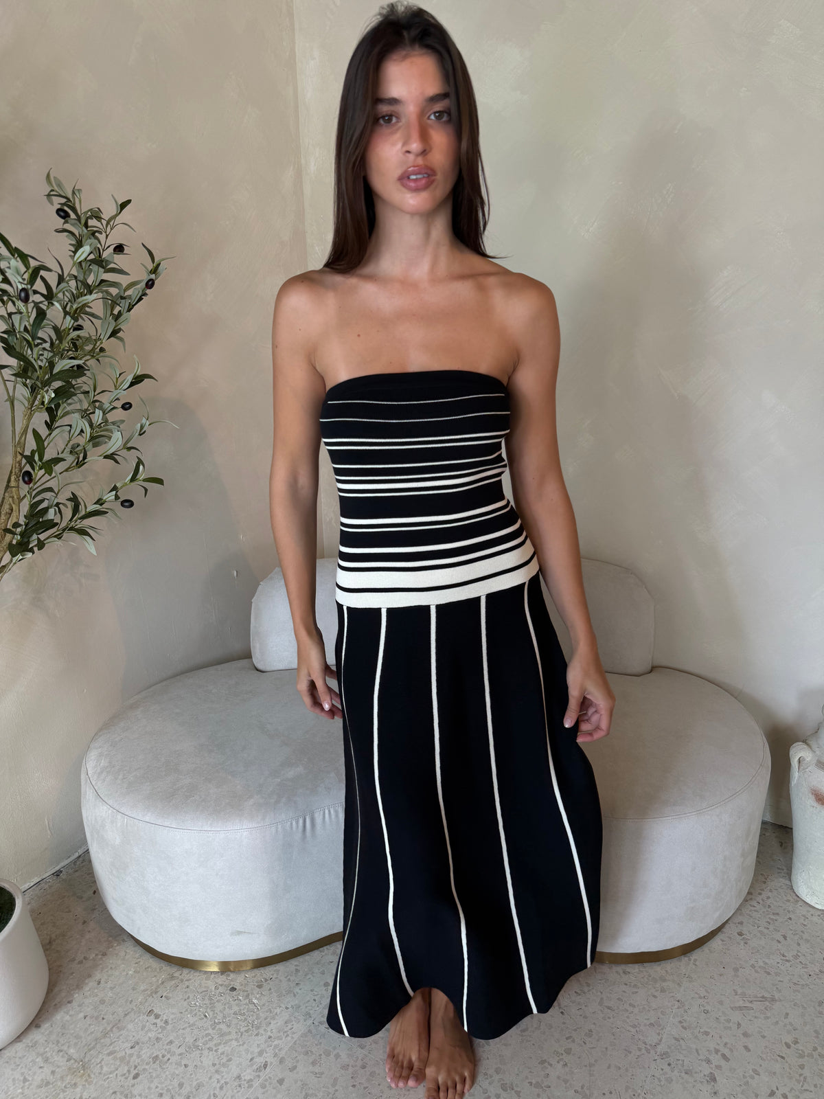 Black Stripe Strapless Maxi Dress