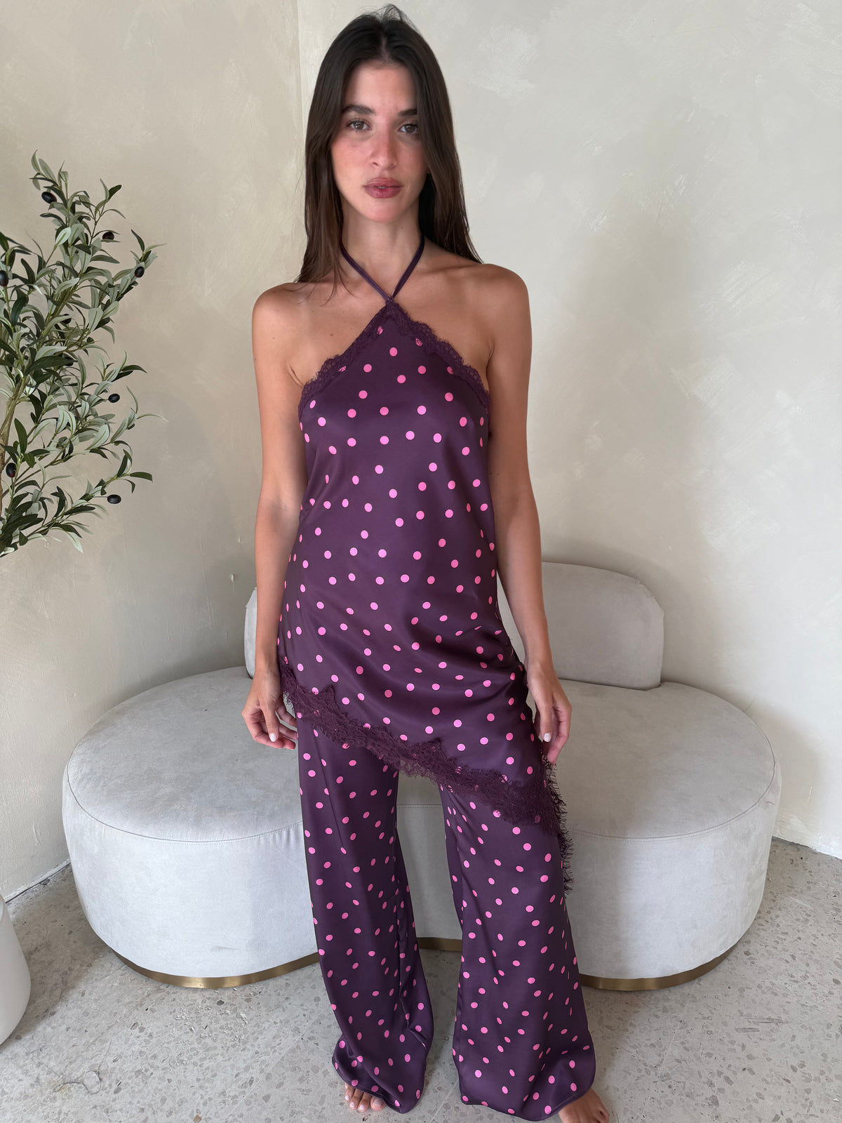 Wine Polka Lace Jumpsuit