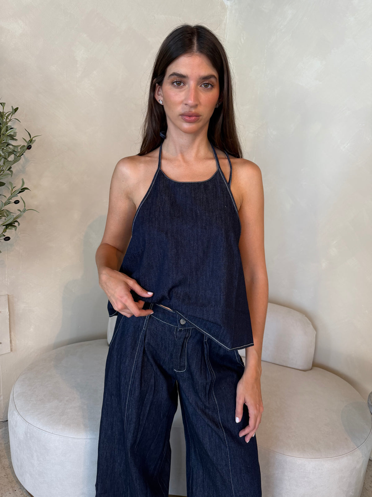 Denim Halter Top & Button Pant Set