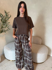 Brown Plaid Gathered Pants