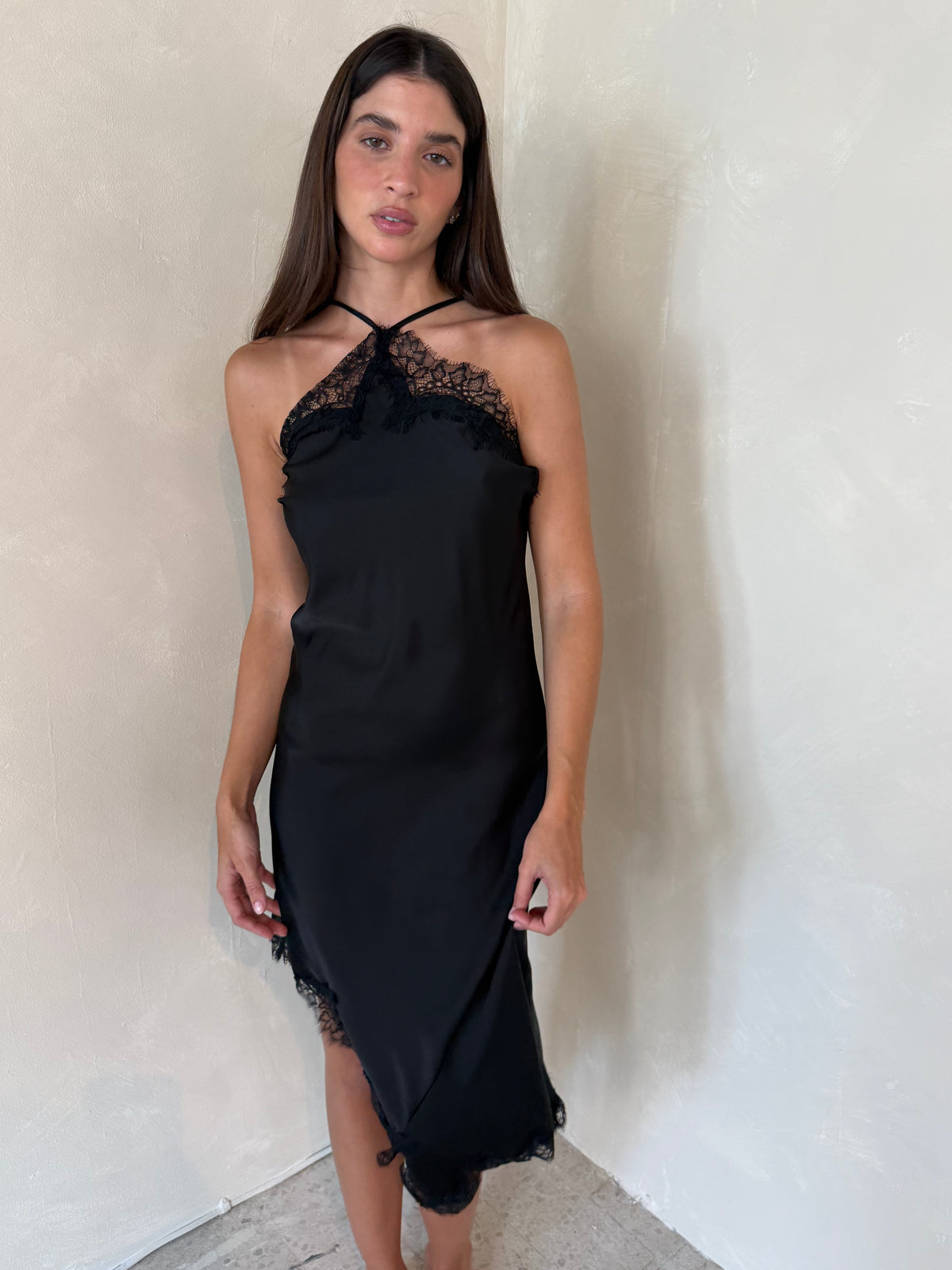 Black Lace Trim Detail Slip Dress