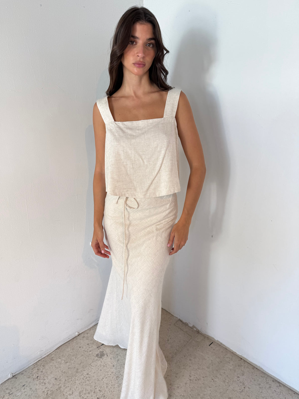 Linen Flare Crop Top And Bias Maxi Skirt