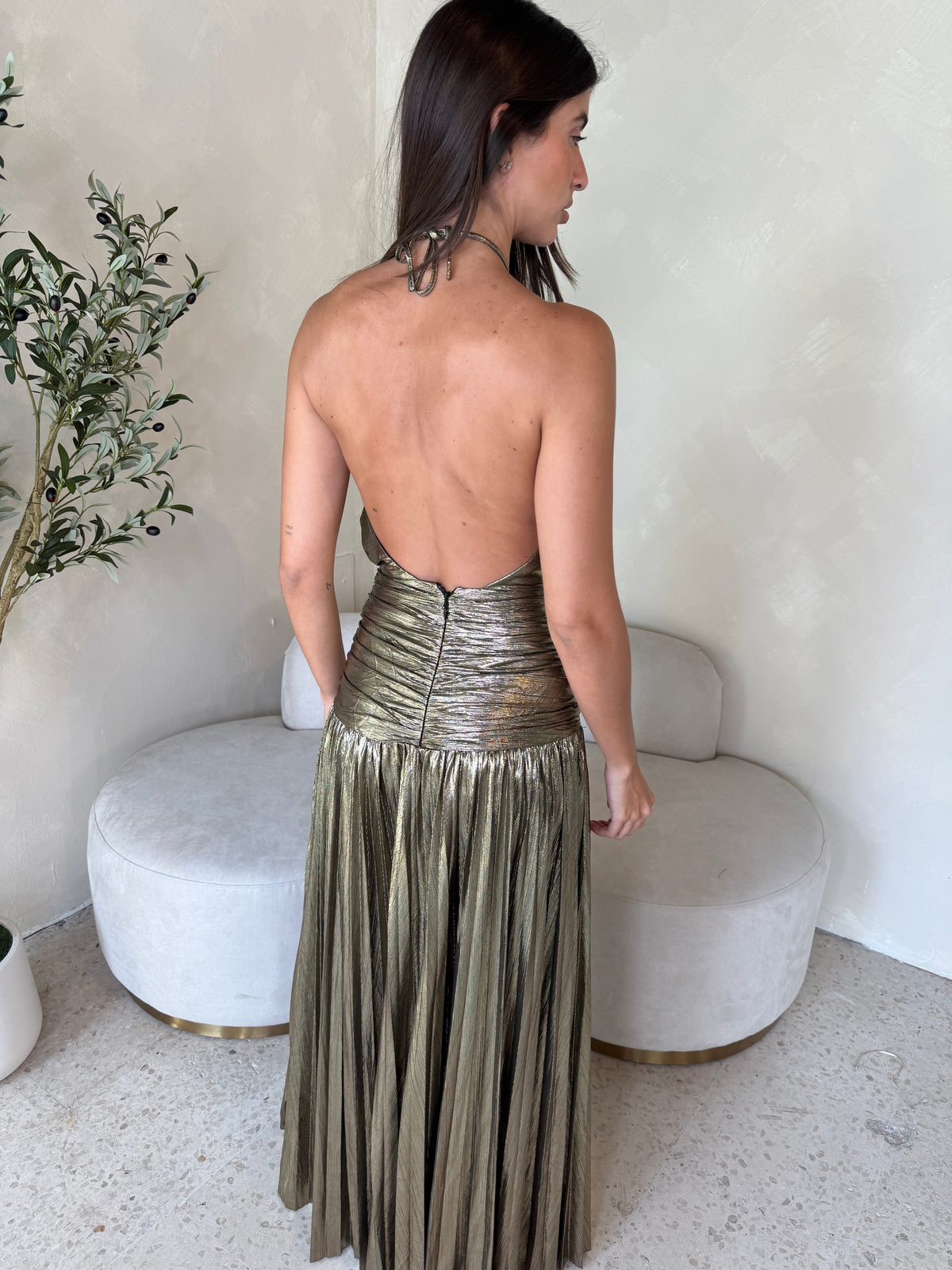Gold Lurex Pleated Maxi Dress