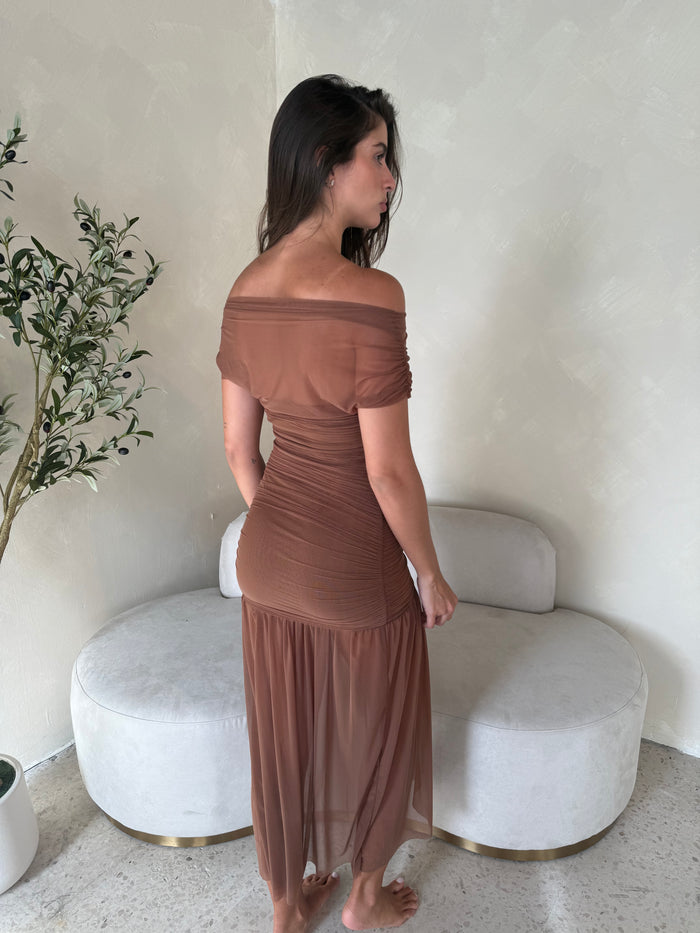 Mocha Draped Mesh Dress