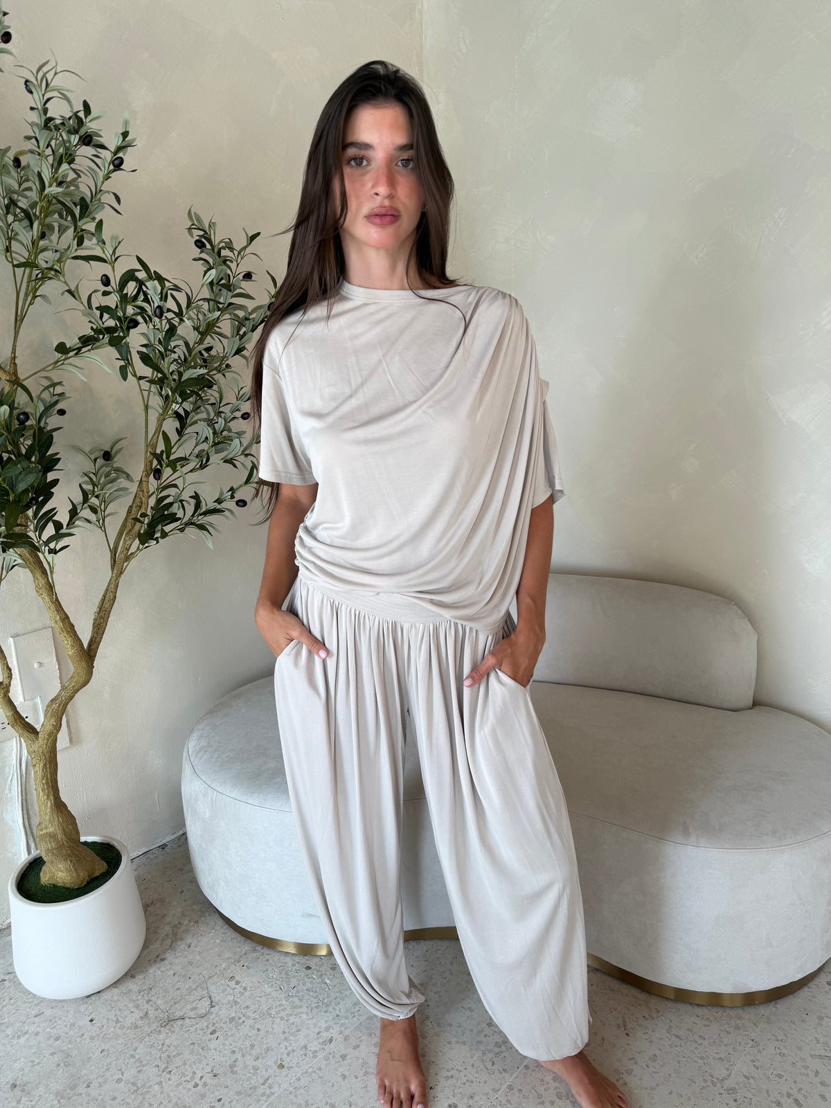 Draped Soft Top & Parachute Pants Set