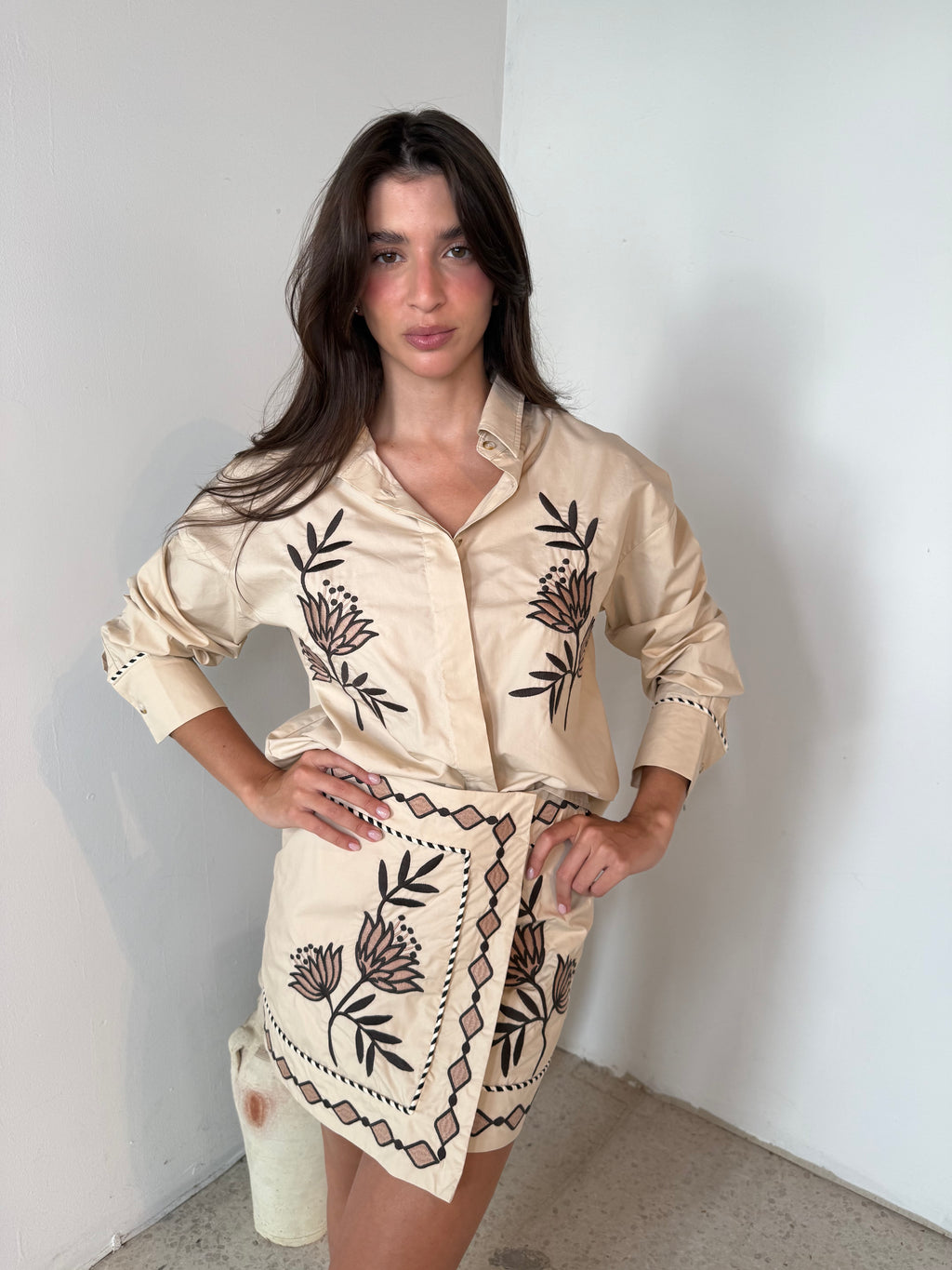 Embroidered LS Top & Skirt Set