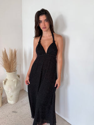 Polka Pleated Halter Dress