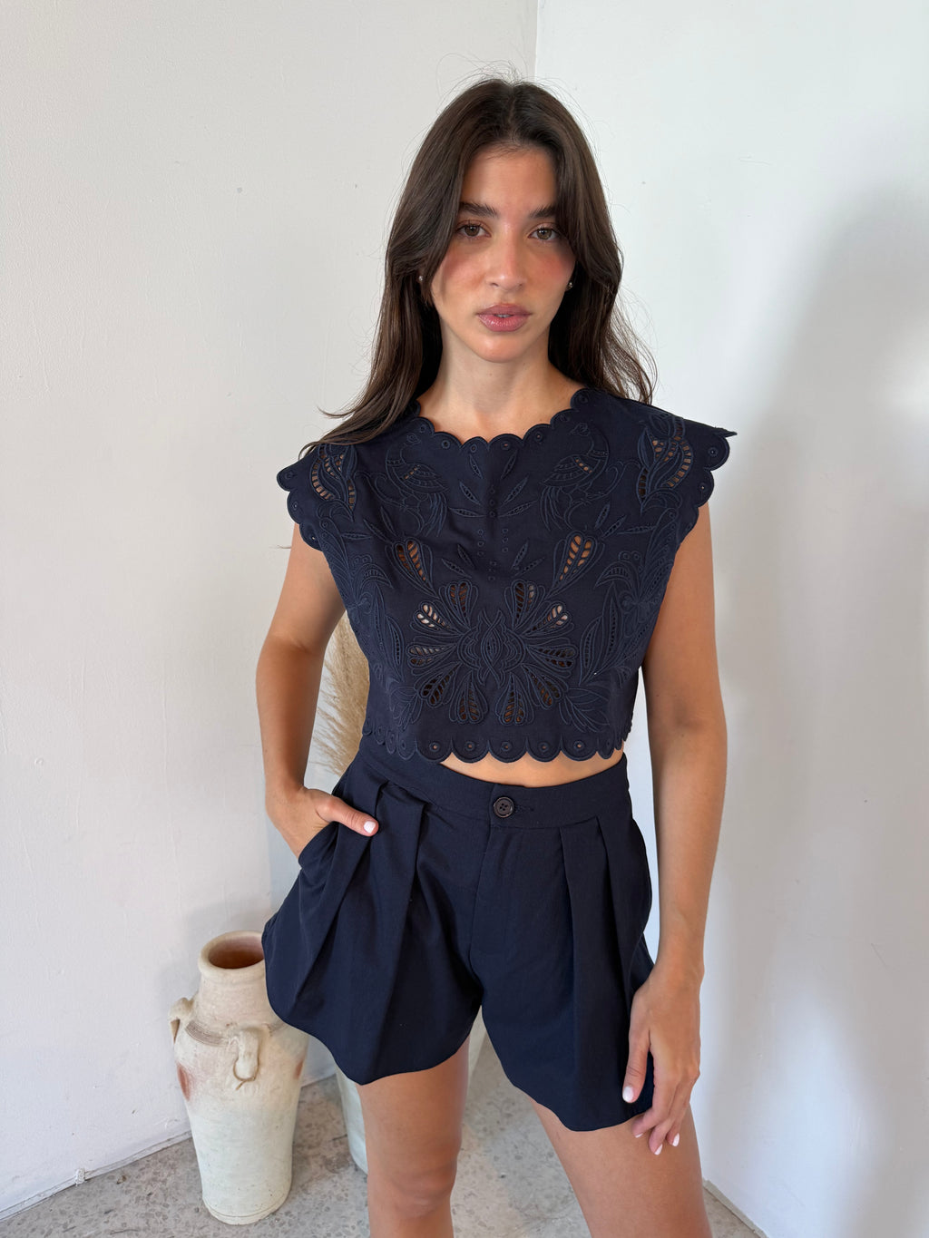 Embroidered Scallop Top & Short Set