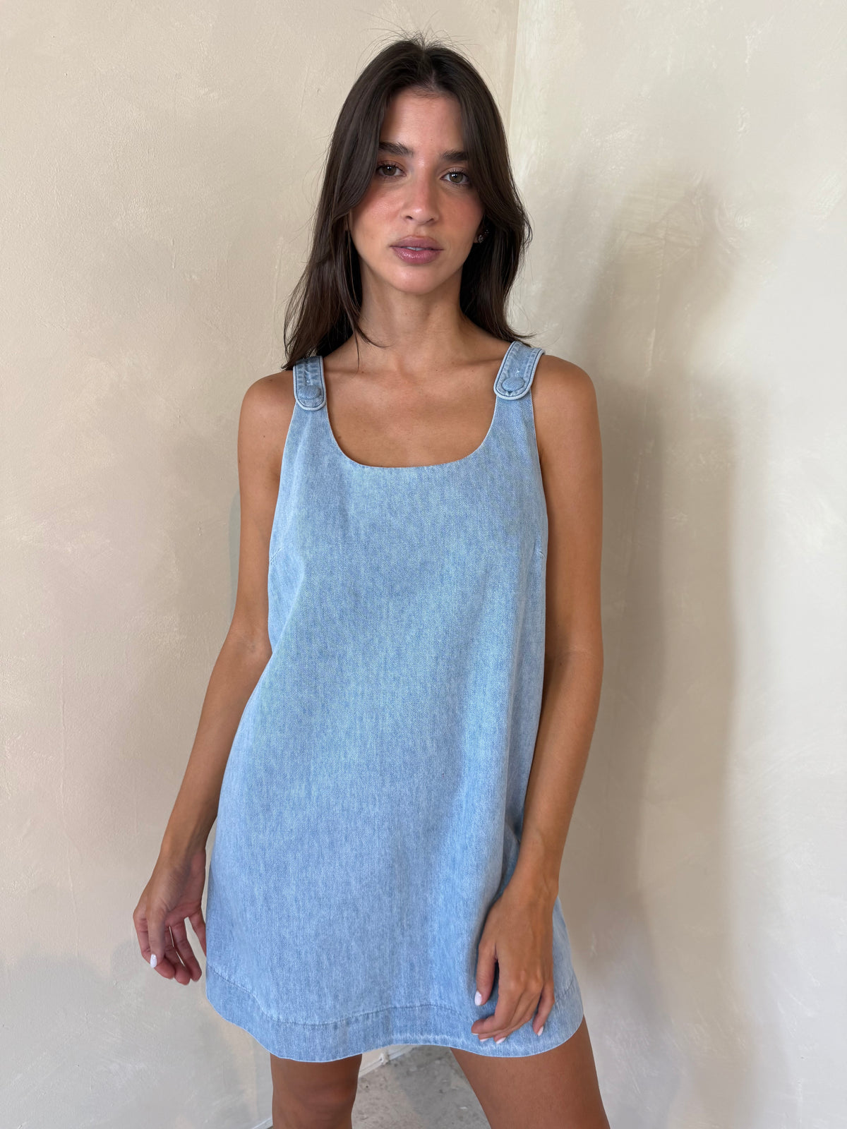 Denim Button Shoulder Strap Dress