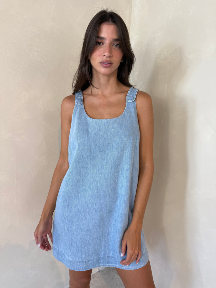 Denim Button Shoulder Strap Dress