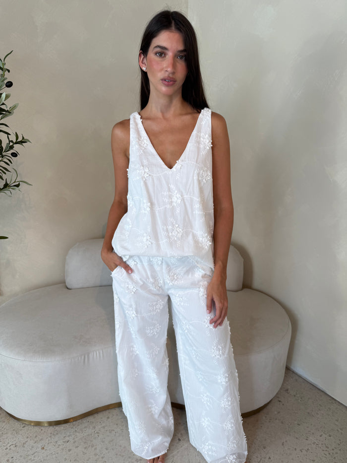 White Vneck Embroidered Top & Pant Set