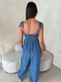 Polka Denim Smocked Jumpsuit