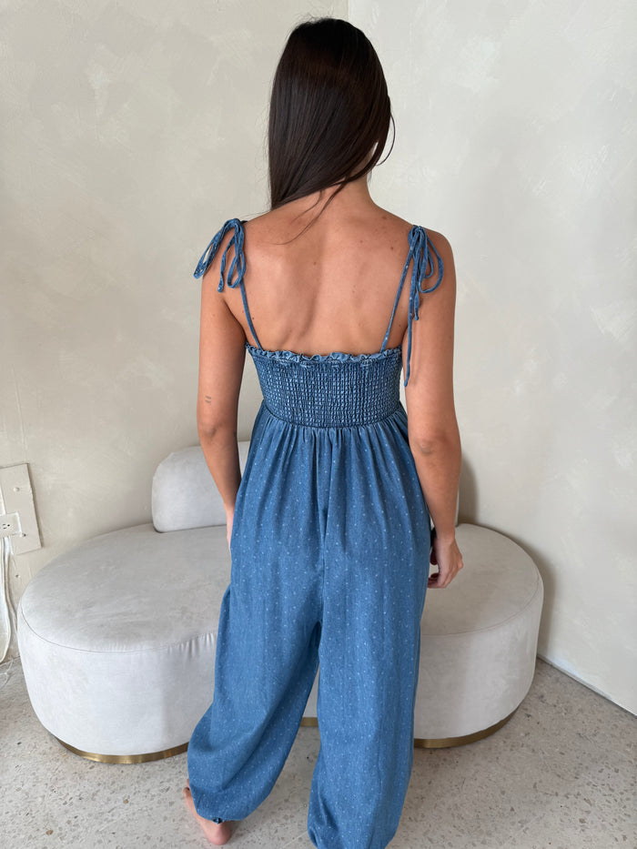 Polka Denim Smocked Jumpsuit