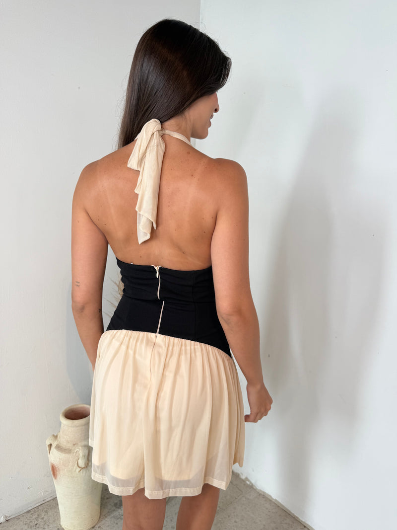 Halter Cream Black Mini Dress