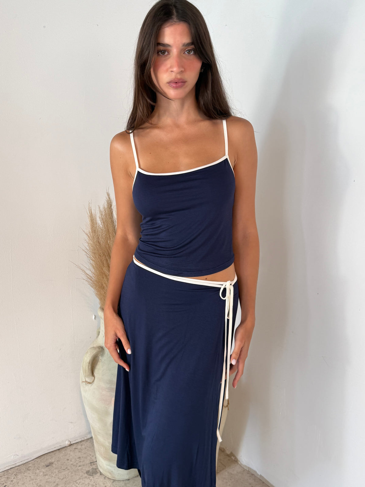 Back Tie Strap Crop Top & Wrap Midi Skirt Set