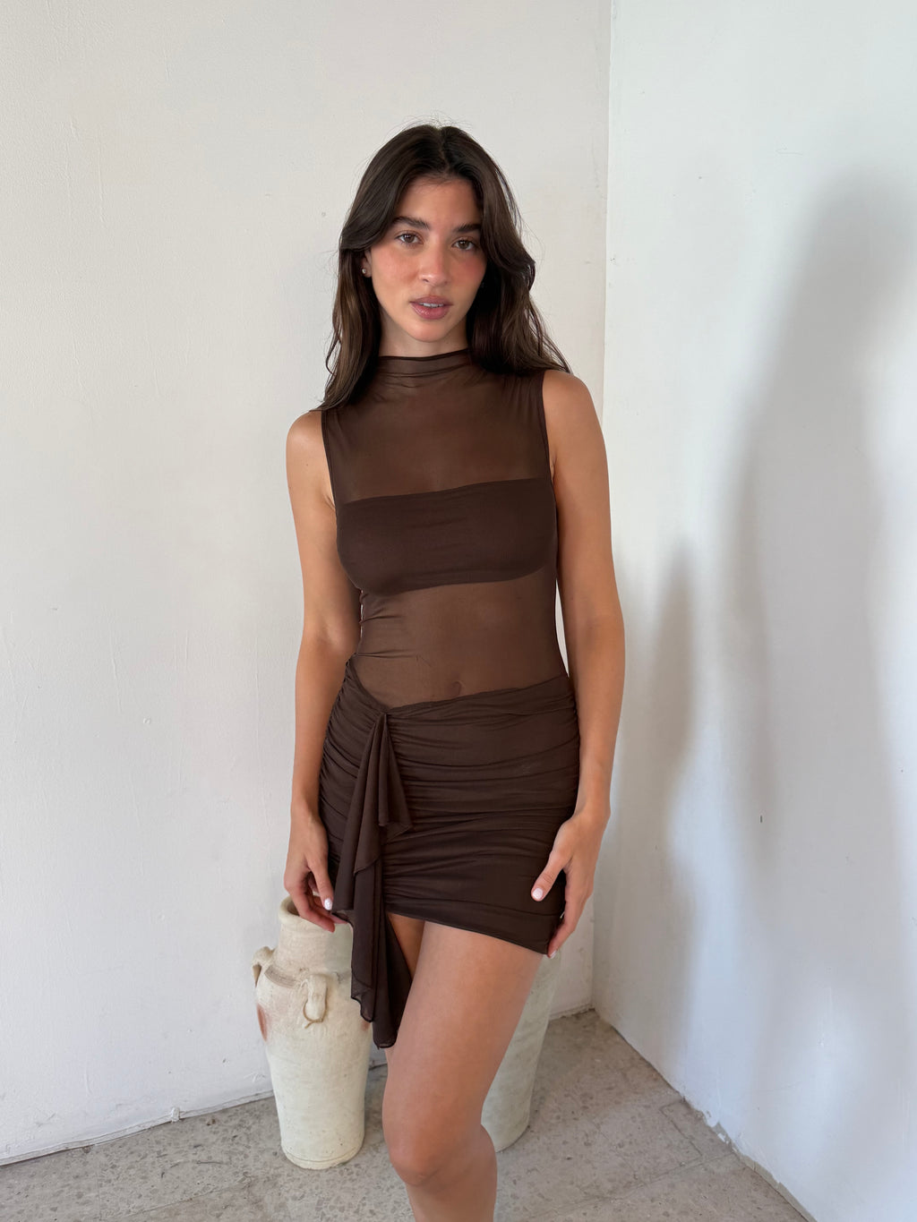 Brown Mesh Mini Dress